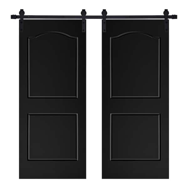 AIOPOP HOME Modern TWO PANEL ARCHTOP Designed 56 in. x 84 in. MDF Panel Black Painted Double Sliding Barn Door with Hardware Kit