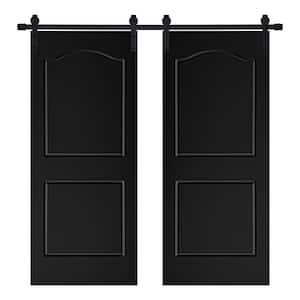 Modern 2-Panel Arch Top Designed 48 in. x 80 in. MDF Panel Black Painted Double Sliding Barn Door with Hardware Kit