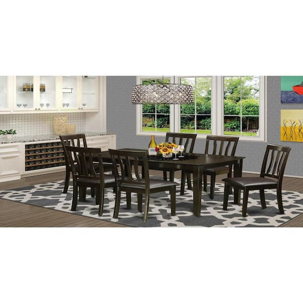 East West Furniture 7-Piece Rectangle Cappuccino Finish Solid Wood Top Dining Table with 6 Chairs with Lattice Back