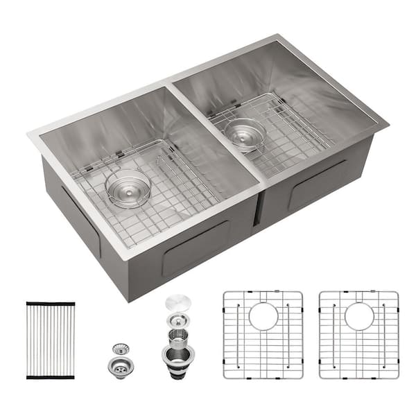 ANGELES HOME 33 in. Drop in/Undermount Double Bowl (50/50) 18 Gaige Stainless Steel Kitchen Sink with Bottom Grids, Brushed Nickel
