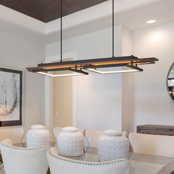 39.37 in. 3-light Wooden Kitchen Island Pendant Light, Linear Rectangle Integrated LED Chandelier