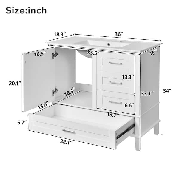 ZXDDMS 36 in. Single Sink Freestanding White Bath Vanity with