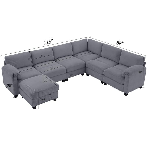JEAREY 115 in. Corduroy Modular L-Shaped Dark Grey 7-Seat