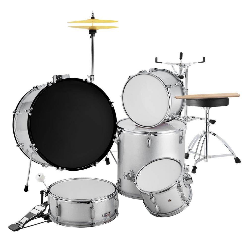 5-Piece Adult Drum Set, 22 in. Full Size Kit with Bass, Toms, Snare, Cymbals, Throne, Pedal and Drumsticks, Silver