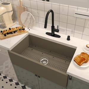 Concrete 33 in. Single Bowl Farmhouse Apron Kitchen Sink with Bottom Grid and Drainer (Taupe Clay)