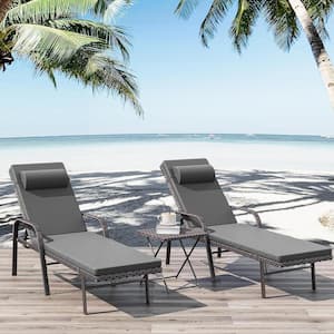 3-Piece Wicker Outdoor Folding Chaise Lounge with Table, Armrest and Cushion Grey