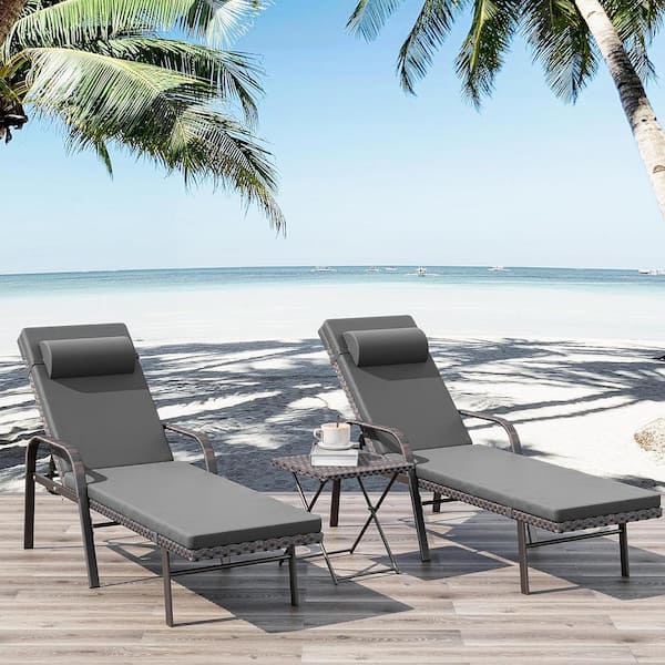 Halmuz 3-Piece Wicker Outdoor Folding Chaise Lounge with Table, Armrest and Cushion Grey