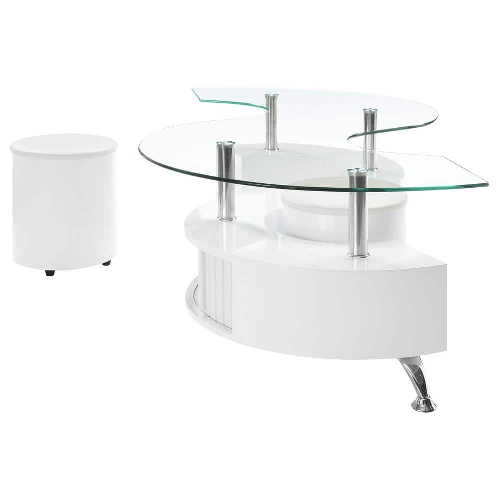 Curved Glass Top Coffee Table with White Stools