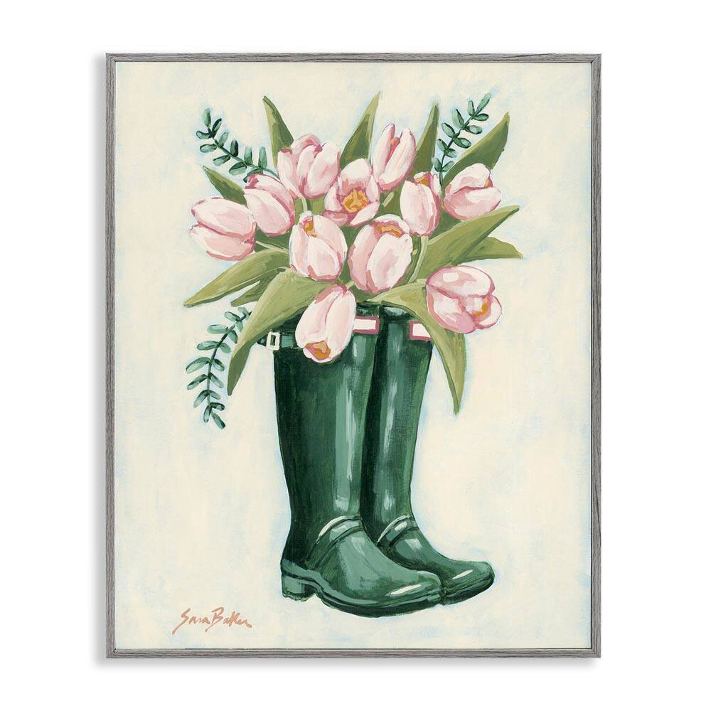 Tulips in Rain Boots by Sara Baker Gray Framed Nature Giclee Art Print 30 in. x 24 in. price history on PriceWatchPro
