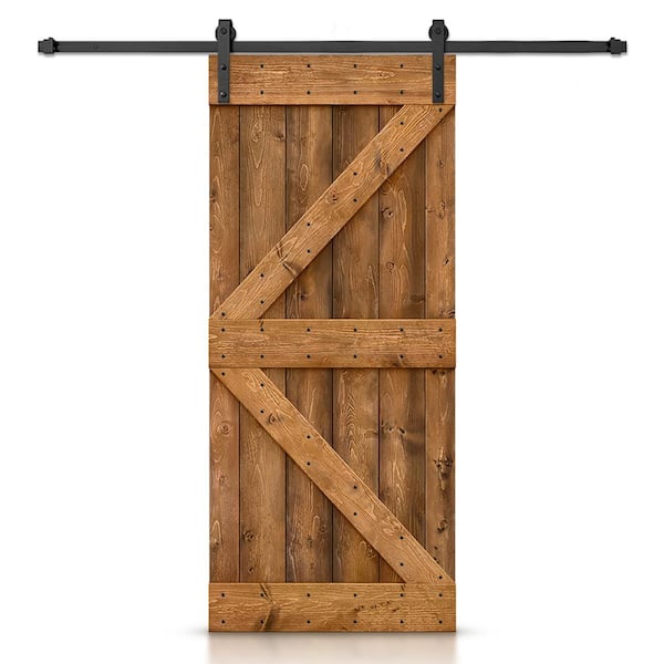 CALHOME Distressed K Series 32 in. x 84 in. Walnut Stained DIY Wood Interior Sliding Barn Door with Hardware Kit
