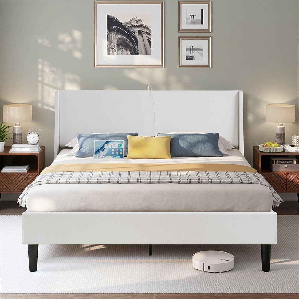 VECELO Upholstered Bed Frame with Headboard and Wingback White Queen ...