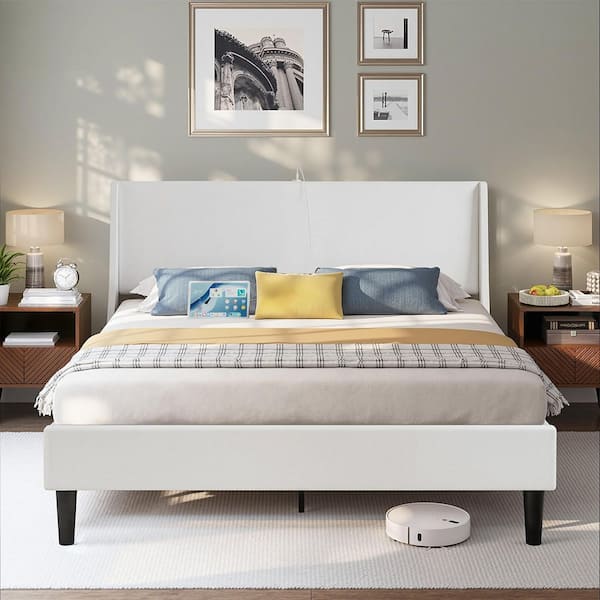 VECELO Upholstered Bed Frame with Headboard and Wingback White Queen Size Bed Frame Platform Bed with USB and Type-C Ports