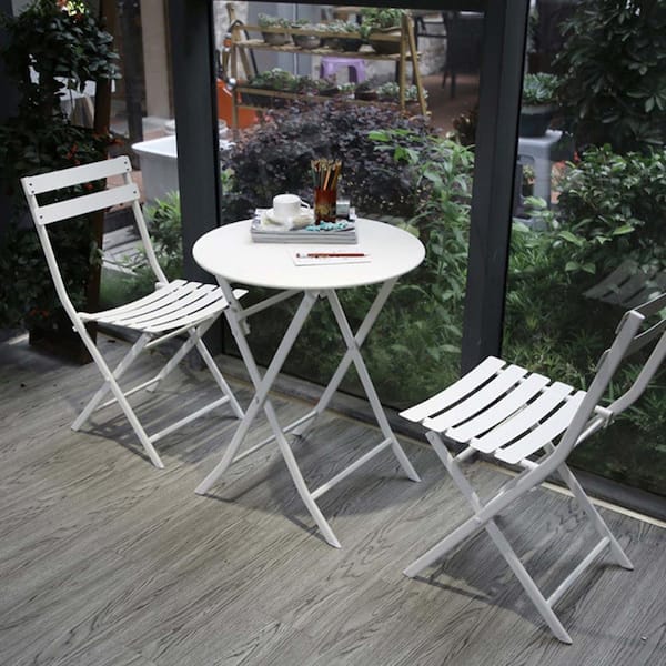 Unbranded White 3-Pieces Metal Folding Outdoor Bistro Set Patio Dining Sets with Round Table