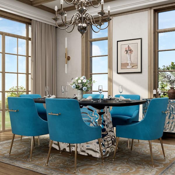 7-Piece Wooden Top Stainless Steel Water Ripple Dining Table Set with Lake Blue Velvet Dining Chair (Seats of 6)