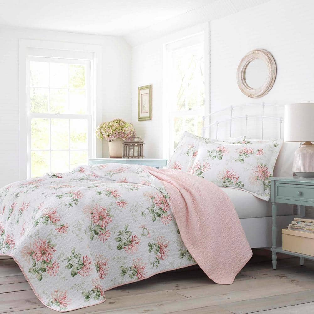 Laura Ashley Honeysuckle 2-Piece Pink Floral Cotton Twin Quilt Set