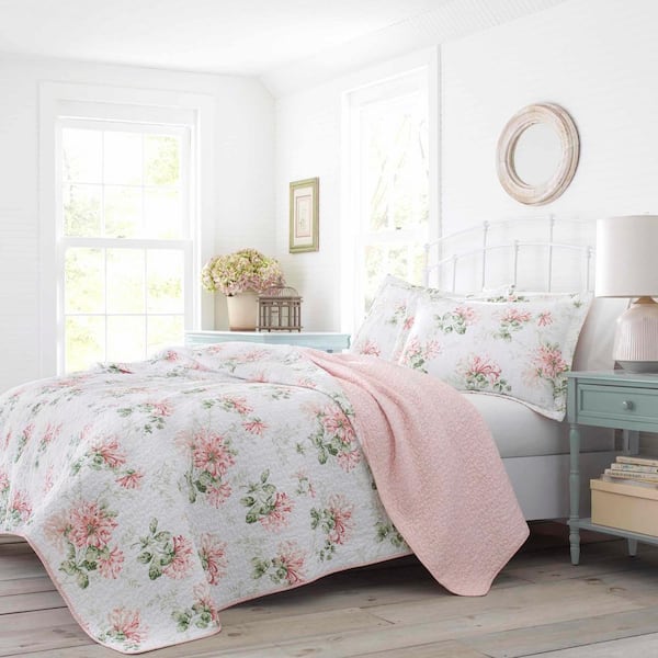 Laura Ashley Honeysuckle 2-Piece Pink Floral Cotton Twin Quilt Set
