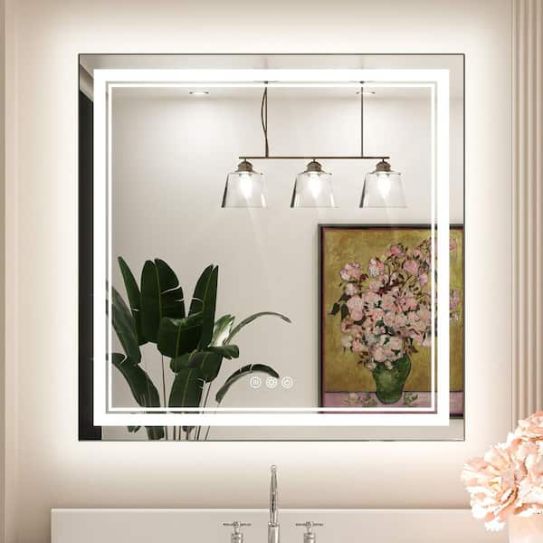 KeonJinn 30 in. W x 30 in. H Rectangular Frameless LED Light Anti-Fog Wall Bathroom Vanity Mirror with Frontlit and Backlit