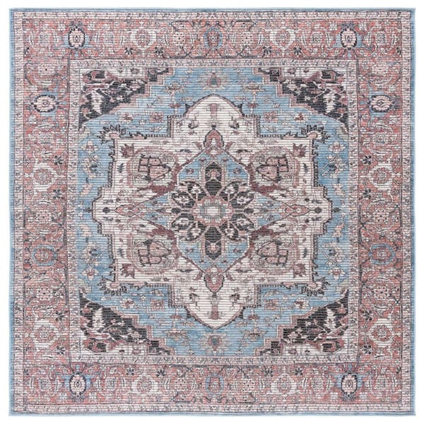 Serapi Blue/Rust 7 ft. x 7 ft. Machine Washable Border Ornate Medallion Square Area Rug