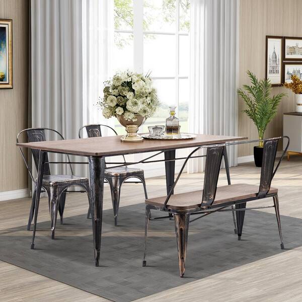 Eer Rustic Vintage 42 In Rectangle, Wood And Metal Dining Table With Bench