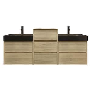 MIA 67 in. W x 20 in. D x 30 in. H Double Sink Middle Cabinet Bath Vanity in Teak Oak with Black Stainless Steel Top