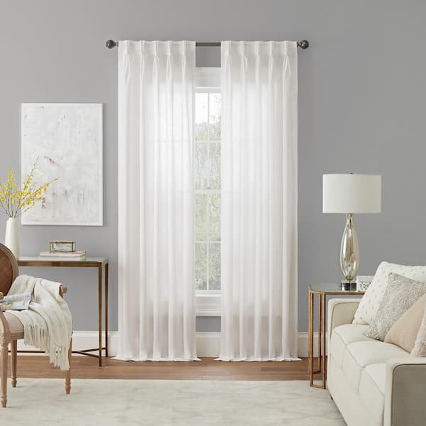 Waverly Serendipity White Solid Polyester 50 in. W x 84 in. L Light Filtering Single Pinch Pleat Back Tab Curtain Panel