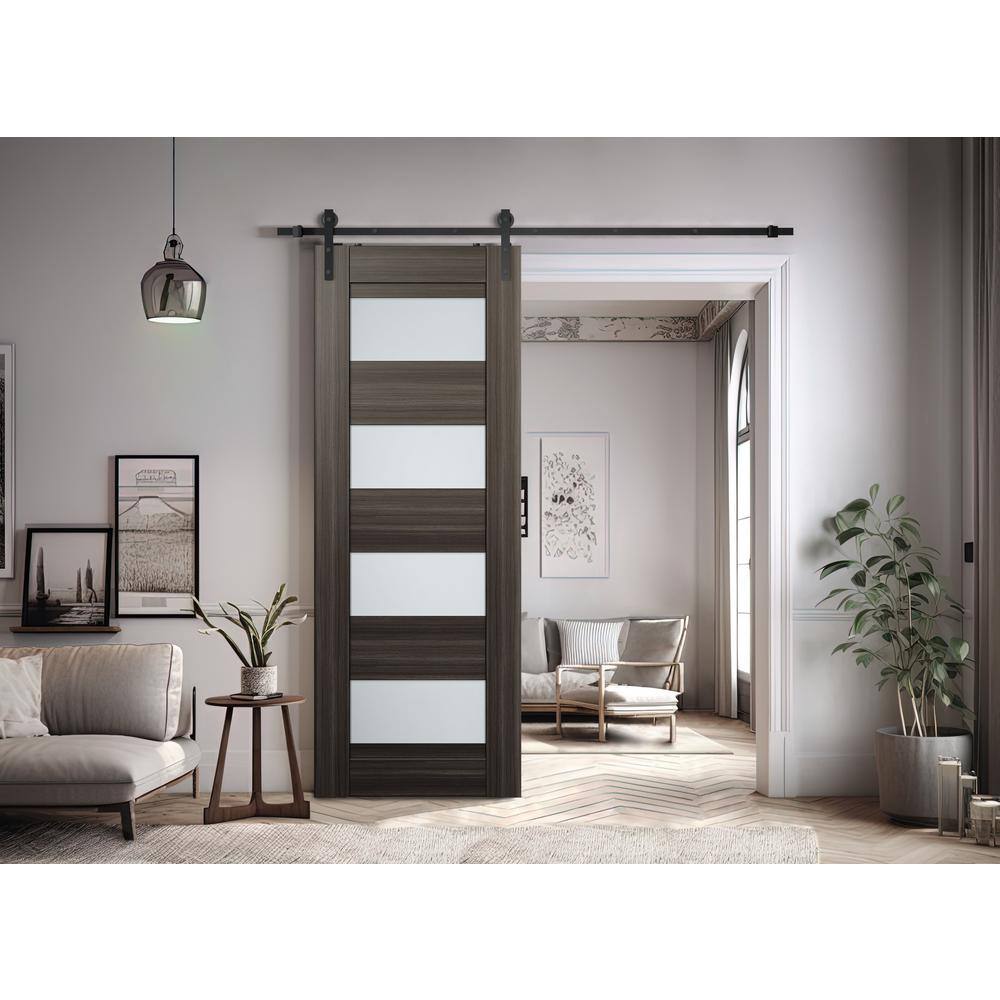 Gray Oak Composite Barn Door with Frosted Glass Panels