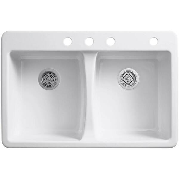 KOHLER Deerfield Drop-In Cast Iron 33 in. 4-Hole Double Bowl ...