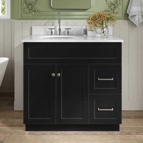 ARIEL Hamlet 37 in. W x 22 in. D x 35.25 in. H Bath Vanity in Black with White Carrara Marble Vanity Top