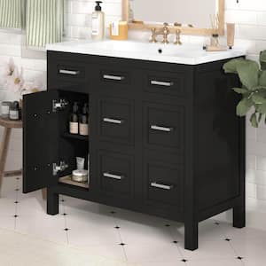 36 in. W Single Sink Freestanding Bath Vanity in Black with White Solid Surface Top, 4 Drawers and 2 Doors