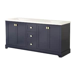 72 in. W x 22.3 in. D x 33.9 in. H Double Sink Freestanding Bathroom Vanity in Navy Blue with White Marble Countertop