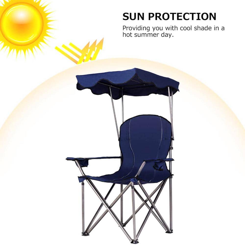 Blue Portable Folding Camping Chair with Canopy and Cup Holders