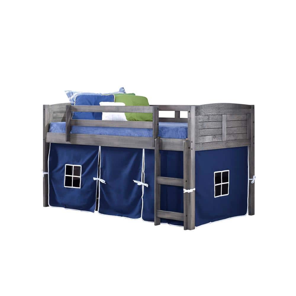 Antique Gray Pine Twin Loft Bed with Blue Tent