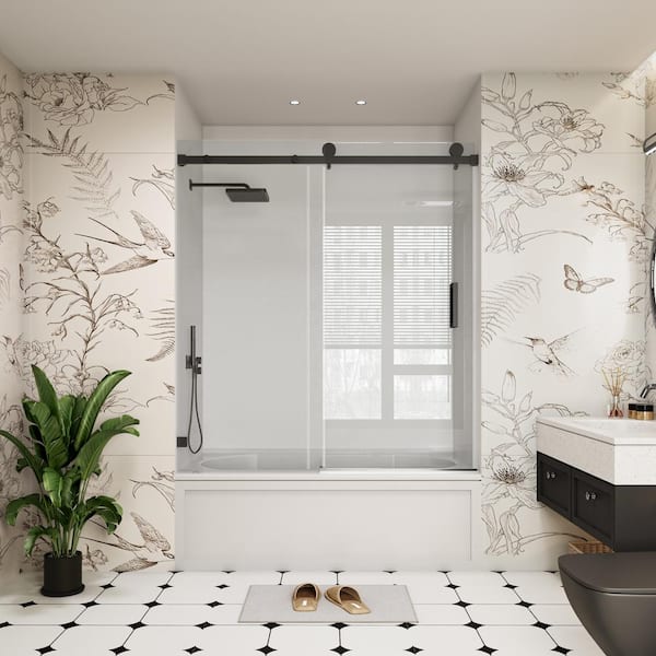 YINVANI 60 in. W x 66 in. H Single Sliding Frameless Bypass Bathroom Tub Door in Matte Black with Easy-Clean 3/8 in. Glass
