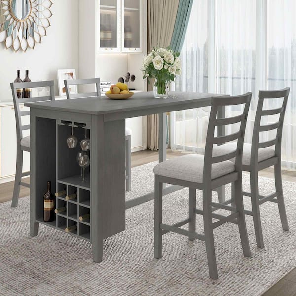 5-Piece Gray Wood Top Bar Table Set Seats 4