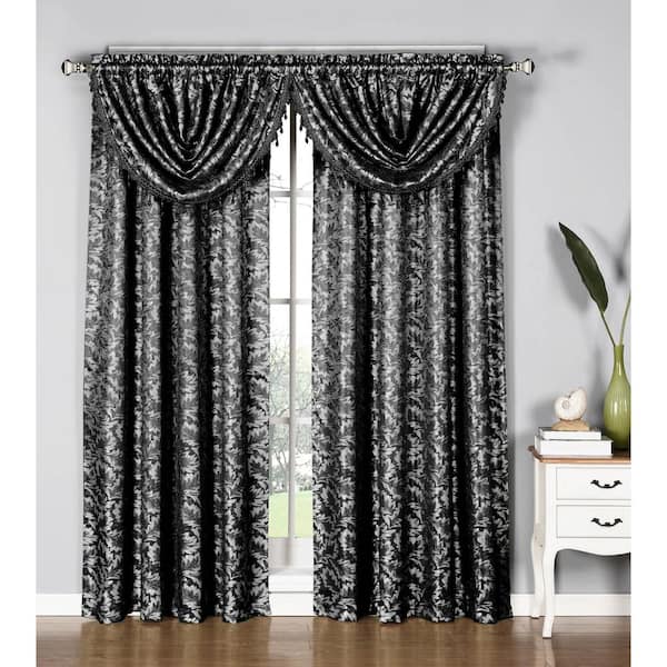 Window Elements Dawson Shimmering Leaf 19 in. W x 44 in. L Waterfall Window Valance in Black