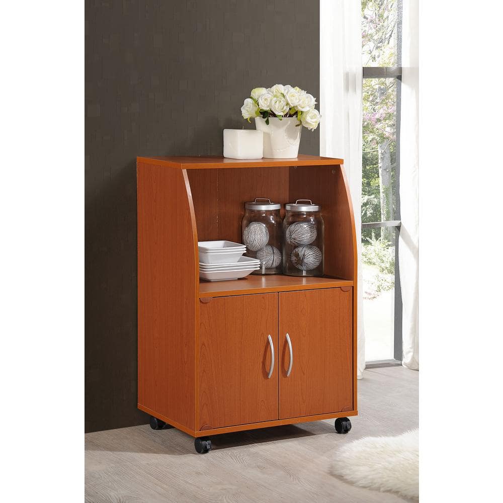 Cherry Wood Microwave Cart with Storage and Wheels