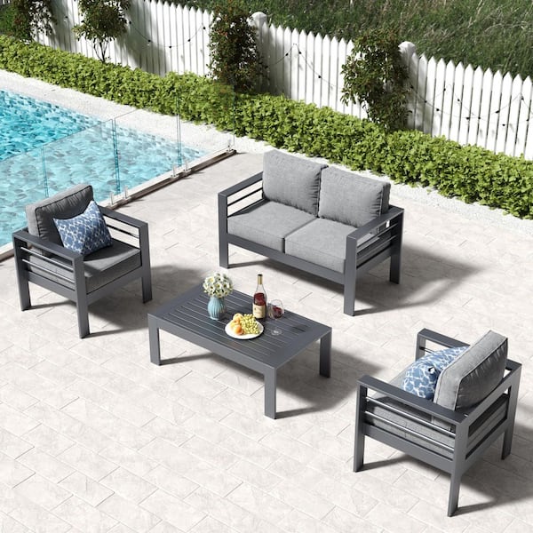 LayinSun 4-Piece Aluminum Patio Conversation Set with 2 Armrest Chairs, Loveseat and Coffee Table and Gray Cushion
