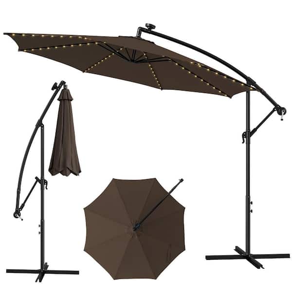 Unbrand 10 ft. Cantilever Offset Solar Patio Umbrella with 112 Solar-Powered LED Lights in Coffee