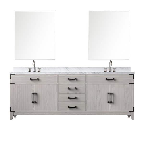 Fossa 84 in. W x 22 in. D White Oak Double Bath Vanity with Carrara Marble Top, Faucet Set, and 36 in. Mirrors