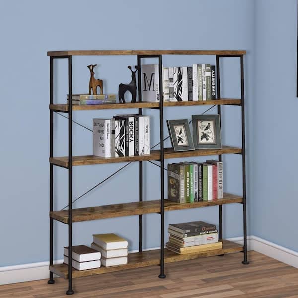 THE URBAN PORT 60 in. Wide Brown and Black 4 Tier Shelf Bookshelf with Metal Frame