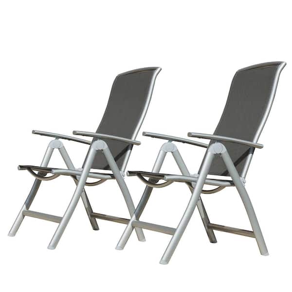 Huluwat Foldable Aluminum Frame Outdoor Lounge Chair with Adjustable High Back and Textilene Fabric Seat in Dark Gray (Set of 2)