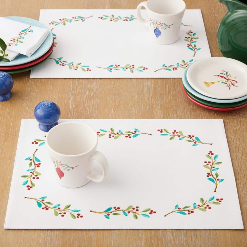 Holly Sprig Holiday Cotton Placemats Set of 4, White/Red/Green