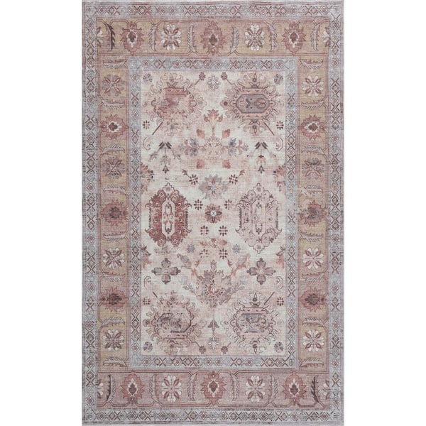 Kisara Oushak Style Distressed Border Non-Slip Machine-Washable Rose Clay/Cream 9 ft. x 12 ft. Area Rug