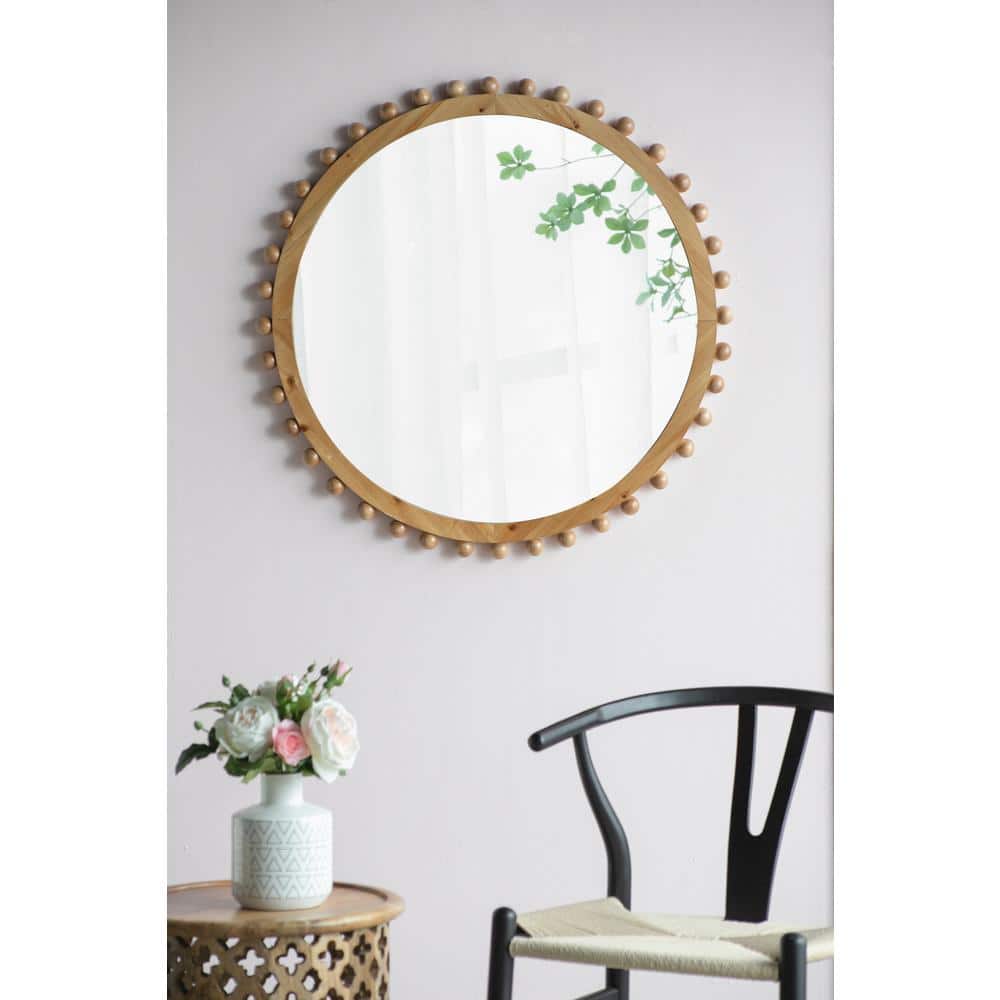 34 in. Round Natural Fir Wood Bathroom Vanity Mirror with Beaded Accents