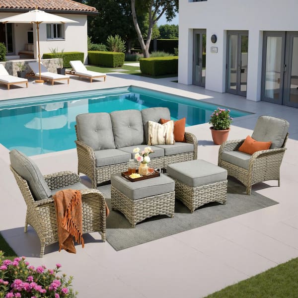 Caodoc Eliza 5-Piece Outdoor Patio Wicker Conversation Sofa Seating Set with Ottoman and Dark Gray Cushions