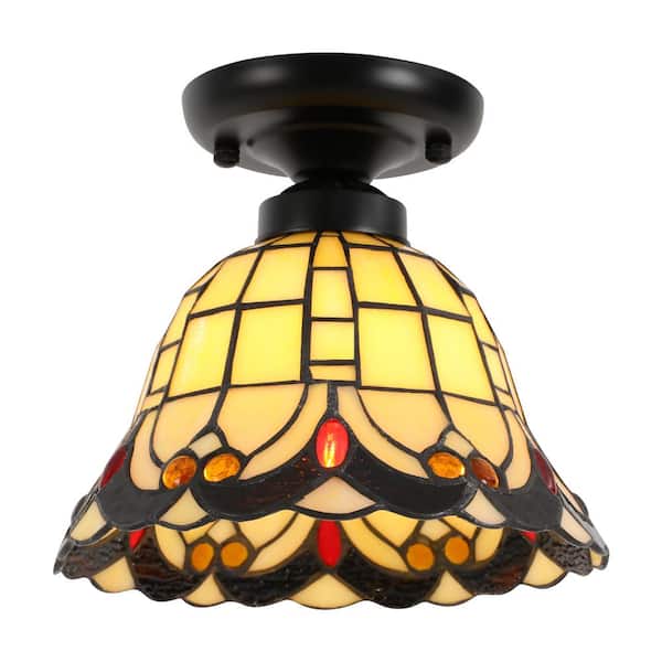 OUKANING 7.87 in. 1-Light Retro Elegant Colored Glass Shade Flush Mount Ceiling Light