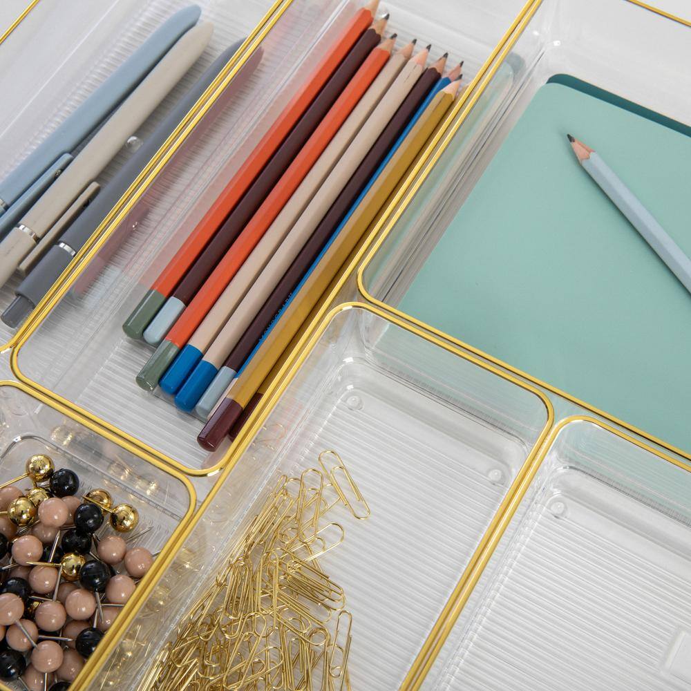 Martha Stewart Clear Plastic Stackable Desk Drawer Organizers with Gold Trim, Set of 8