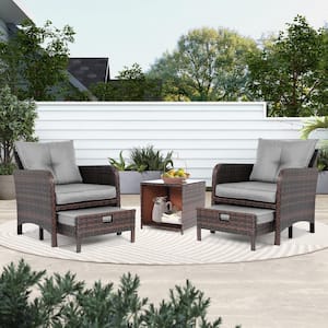 5-Piece Wicker Lounge Chair Outdoor Rattan Patio Conversation Set with Ottoman and Gray Soft Cushions