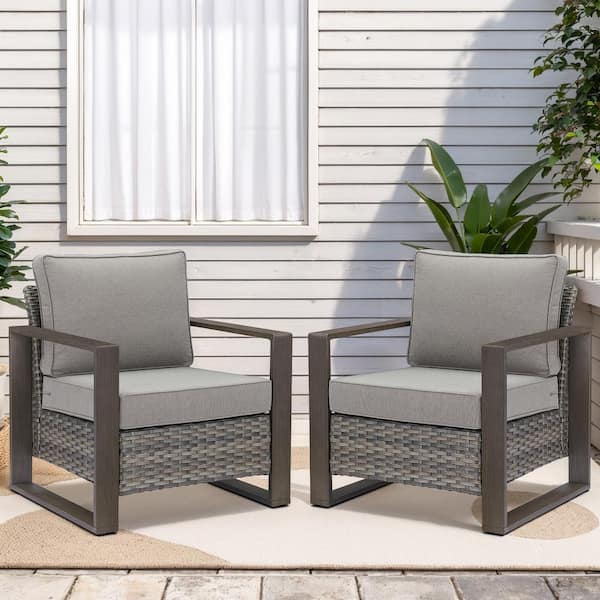 Opohoro MetalWood Metal and Gray Wicker Outdoor Lounge Chair with Olefin Gray Cushions (2-Pack)