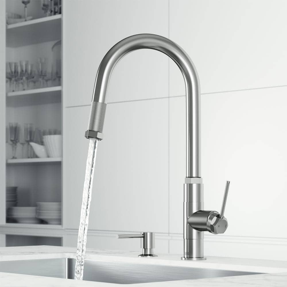 Hart Arched Stainless Steel Pull-Down Kitchen Faucet with Soap Dispenser